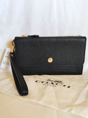 Coach Pebbled Leather Triple Compartment Small Wallet Wristlet in Black, NWT